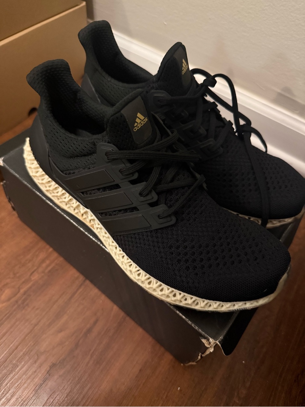 Adidas Men's Black Ultra Boost and 4D Collaboration Shoes with Cream Midsole